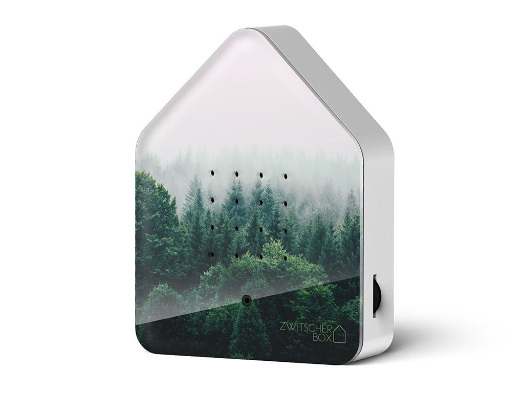 Lettore di libri ZwyT Scanner Box con design bianco e immagine di foresta verde.