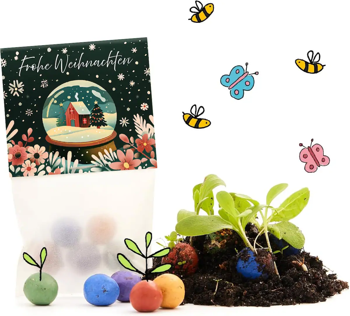 Fermacarte natalizio con decorazioni di piante e farfalle colorate, ideale per decorazioni di Natale.